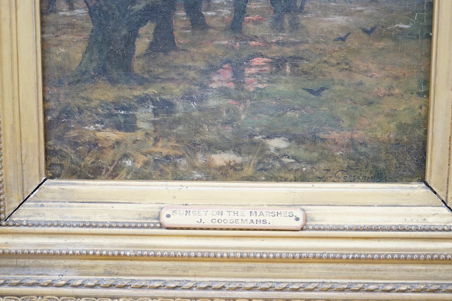 Joseph Theodore Coosemans (Belgian, 1828-1904), oil on canvas, ‘Sunset on the Marshes’, signed, labels verso, 42 x 27cm, ornately gilt framed. Condition - hole to the canvas